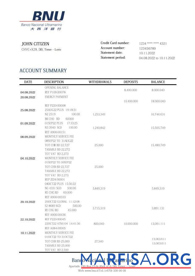 Realistic Timor Leste BNU bank statement word template